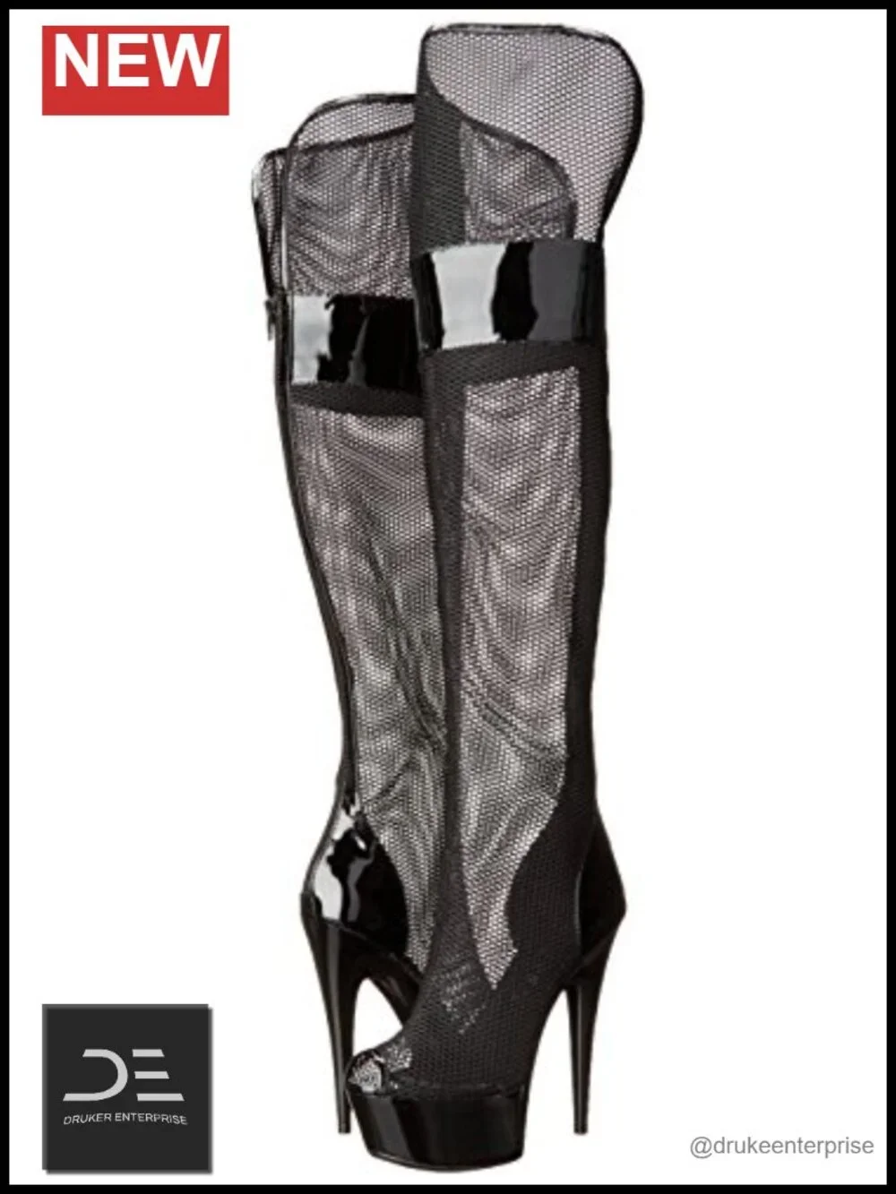 Fishnet Thigh-High Peep Toe Platform Stiletto Boots with Glitter